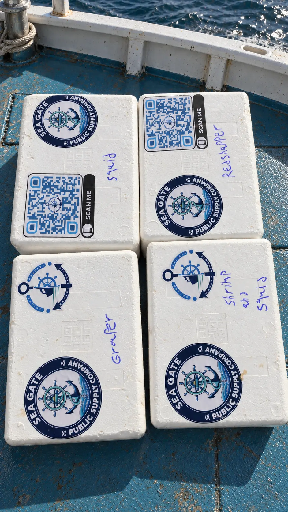 Sea Gate labelled insulated seafood boxes loaded aboard a boat
