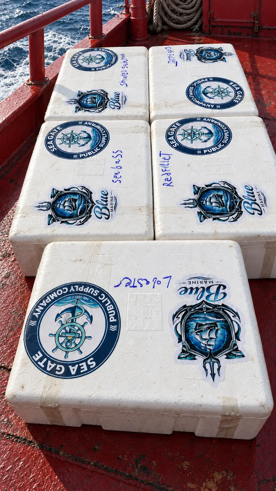 Sea Gate packed seafood orders with marine partner labels on a boat deck