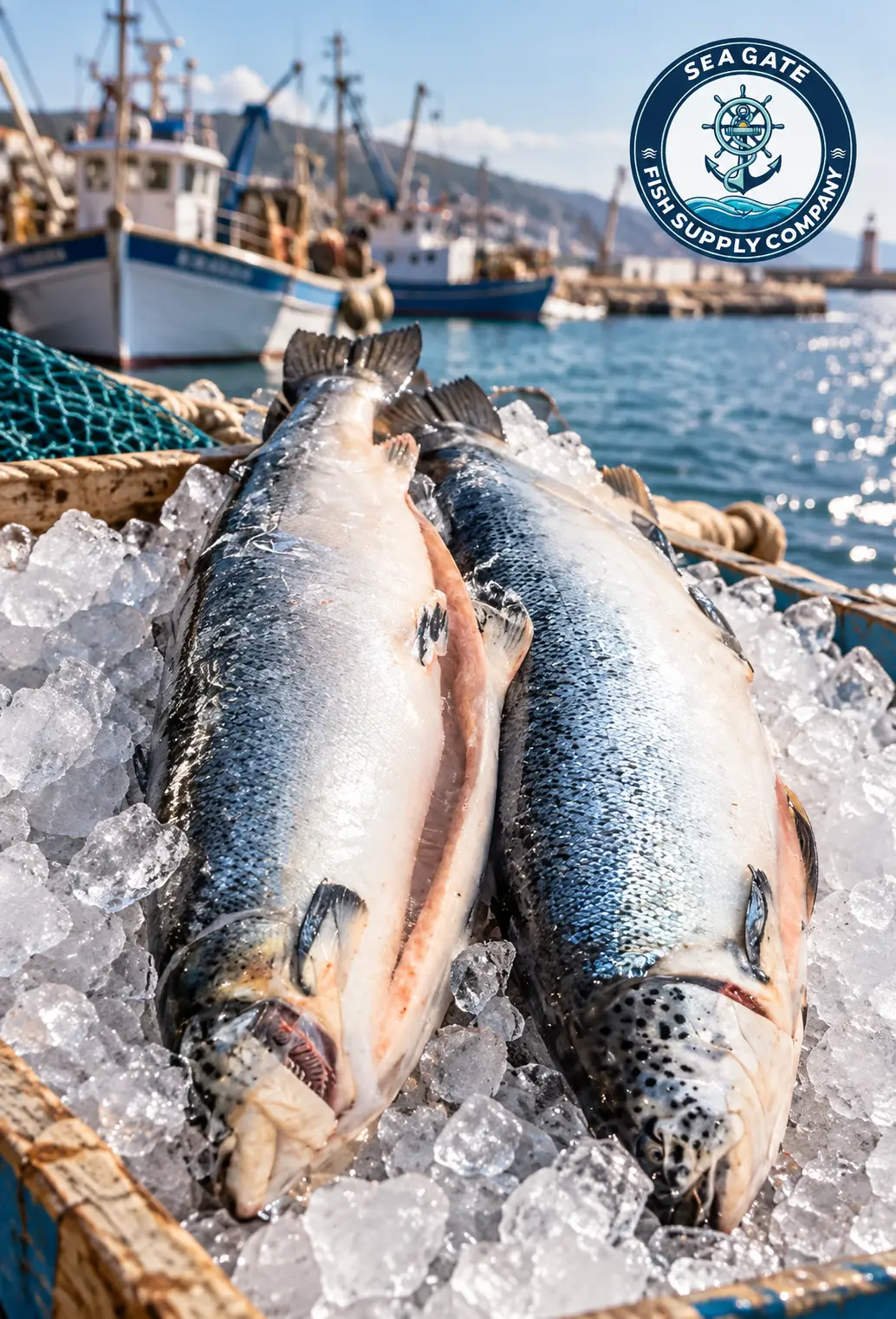 Whole silver fish with harbor vessels in the background