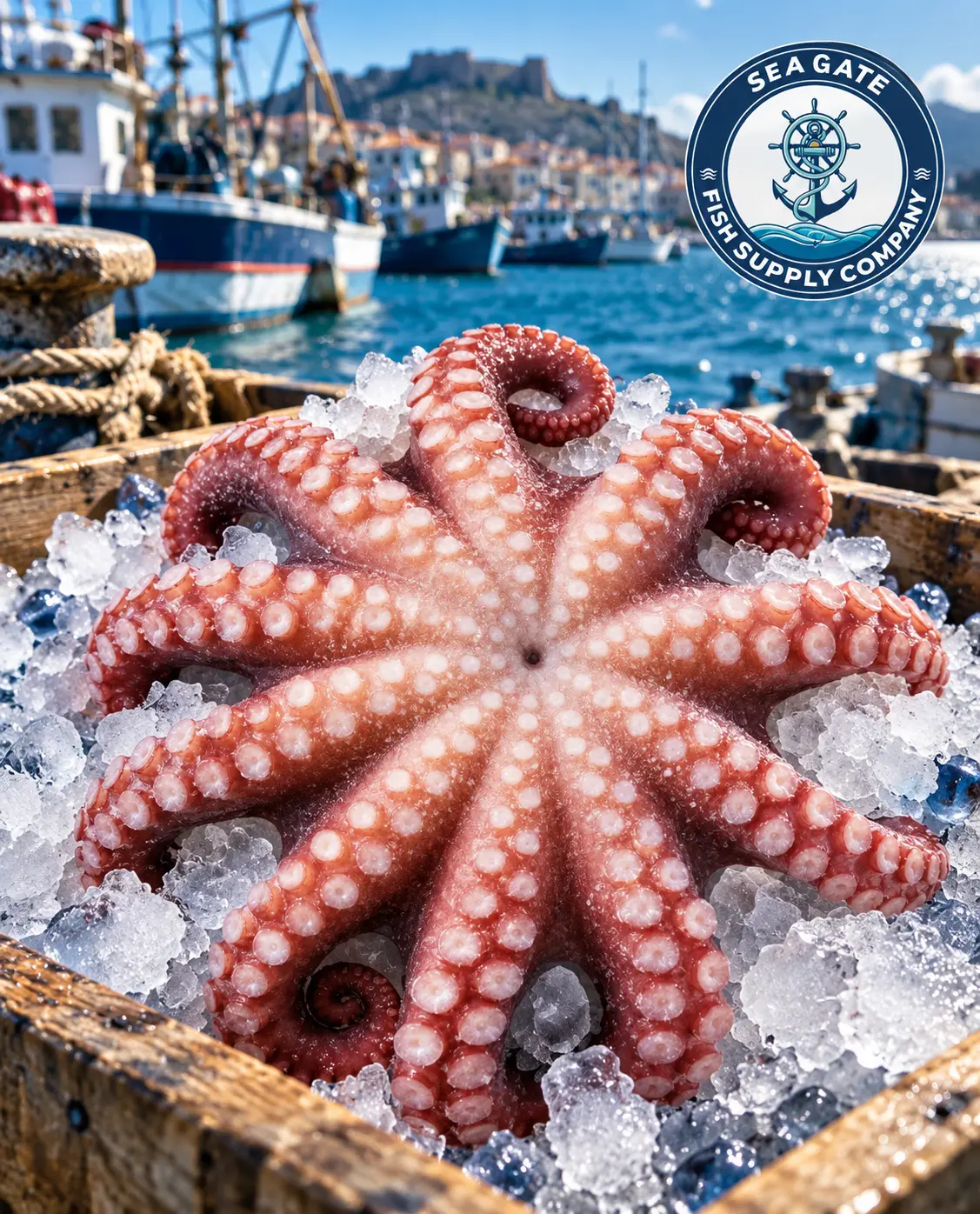 Octopus with harbor vessels in the background