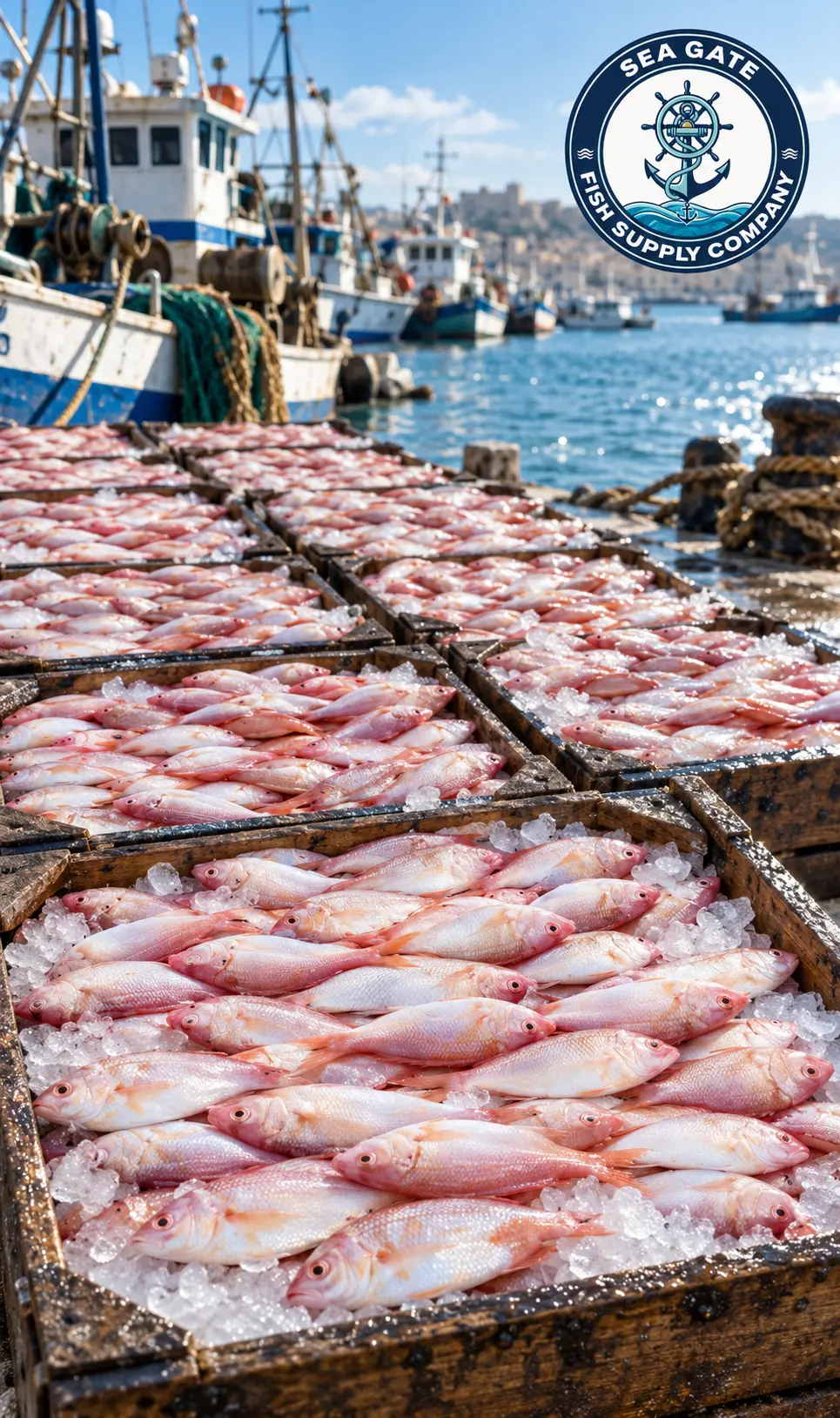Pink fish selection with harbor vessels in the background