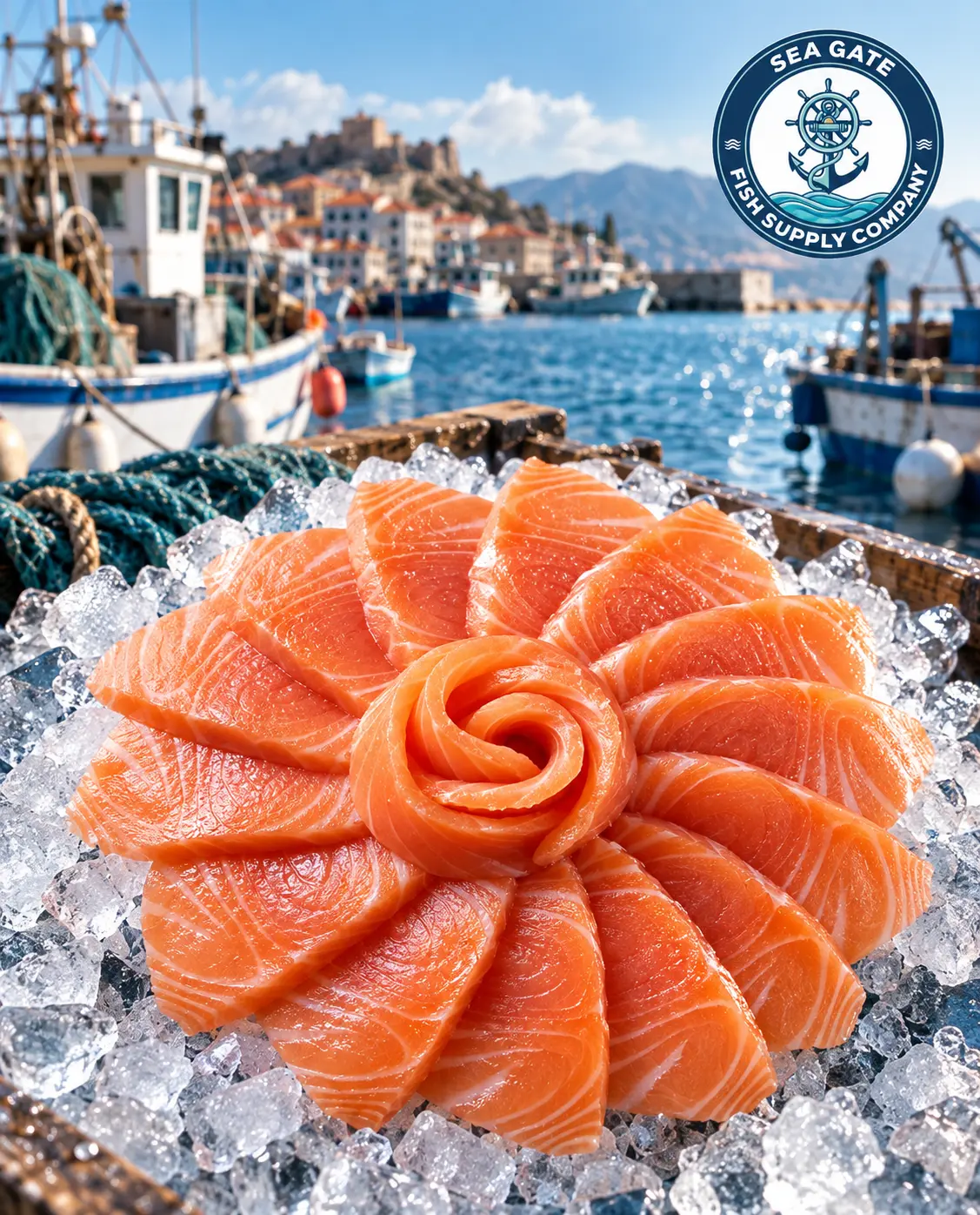 Salmon portions with harbor vessels in the background