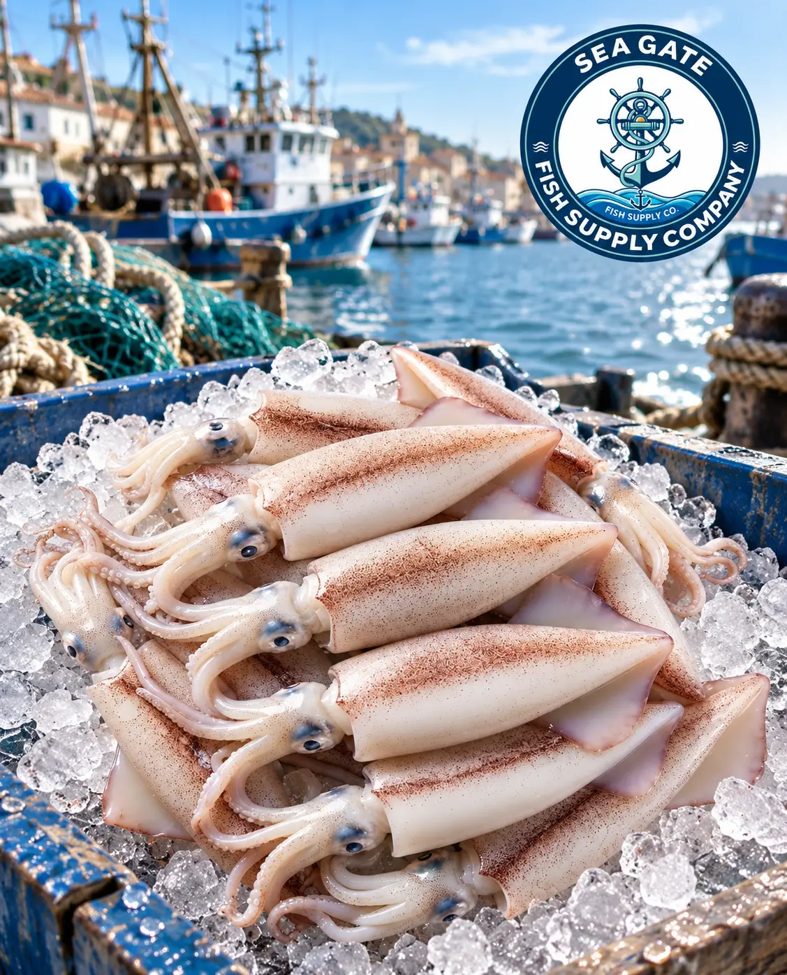 Squid with harbor vessels in the background