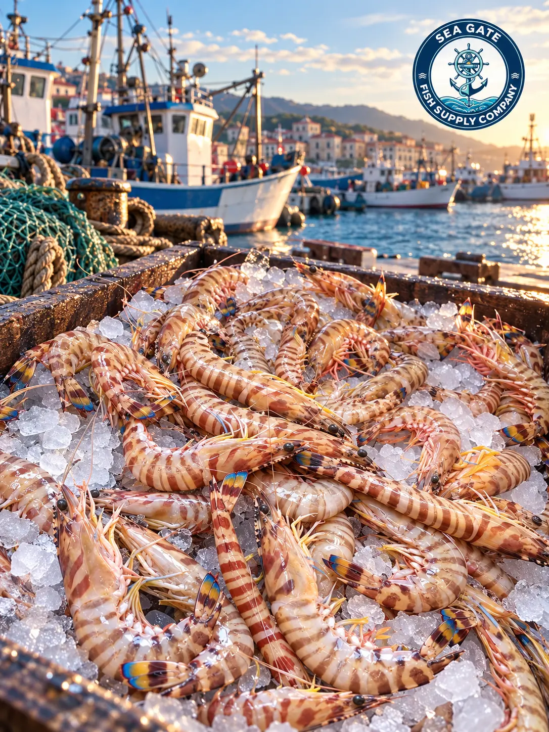 Tiger prawns with harbor vessels in the background