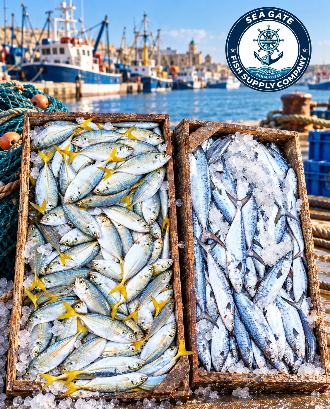 Mixed fish catch with harbor vessels in the background