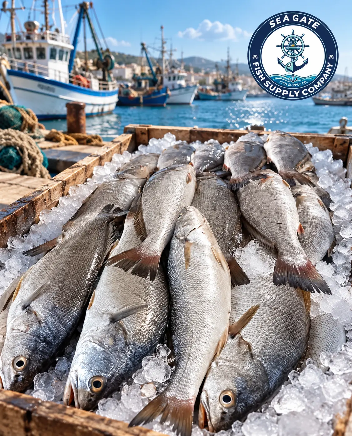 Silver fish with harbor vessels in the background