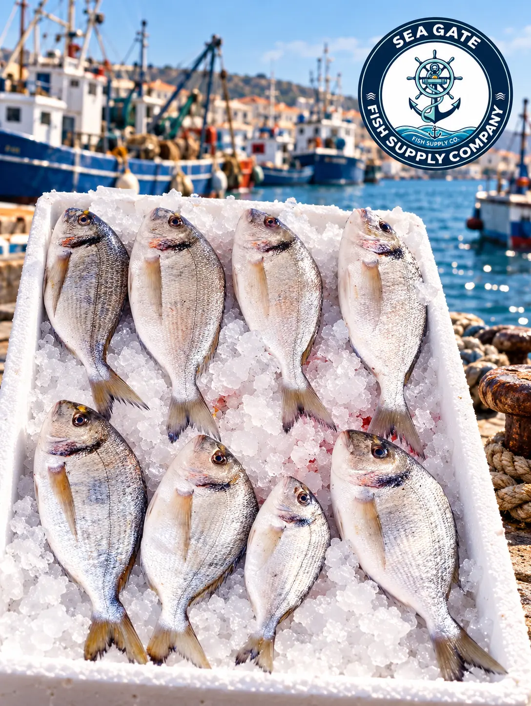 Sea bream with harbor vessels in the background