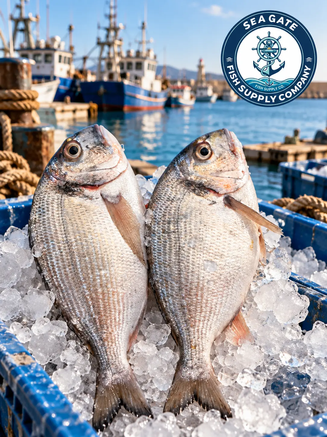 Sea bream selection with harbor vessels in the background