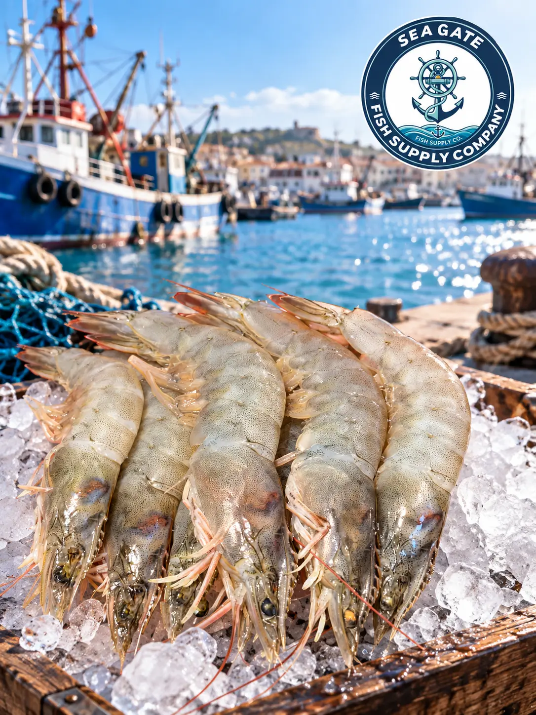 Whole prawns with harbor vessels in the background