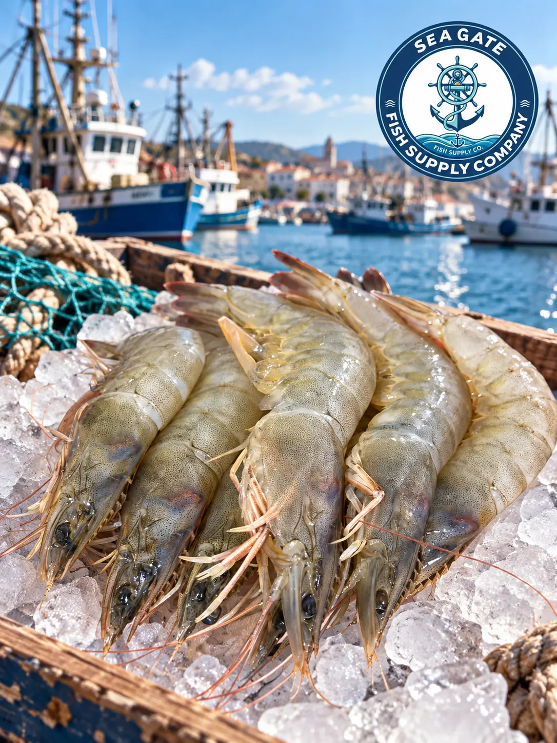 Fresh prawns with harbor vessels in the background