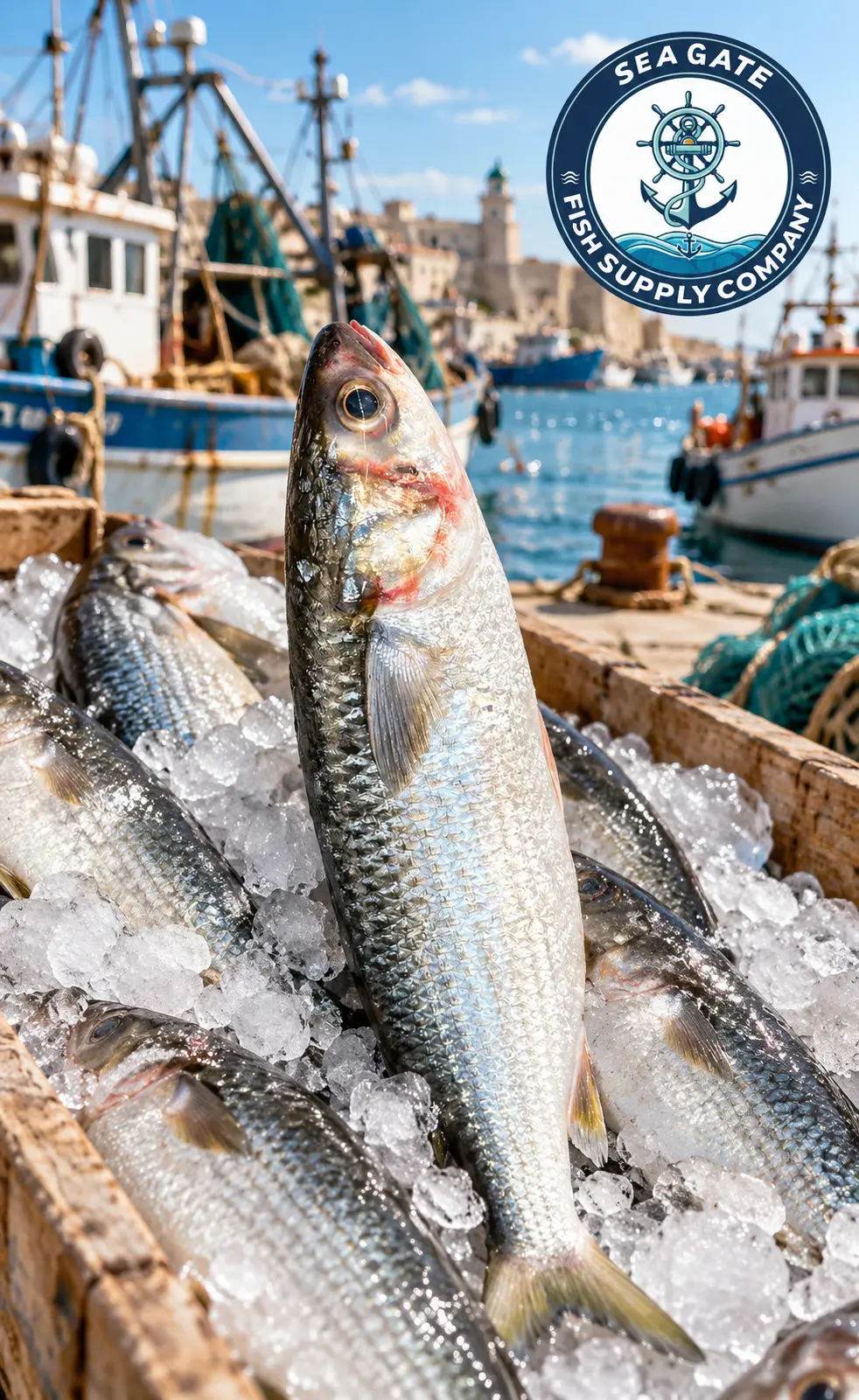 Mullet with harbor vessels in the background