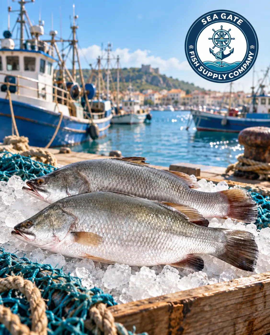 Large silver fish with harbor vessels in the background