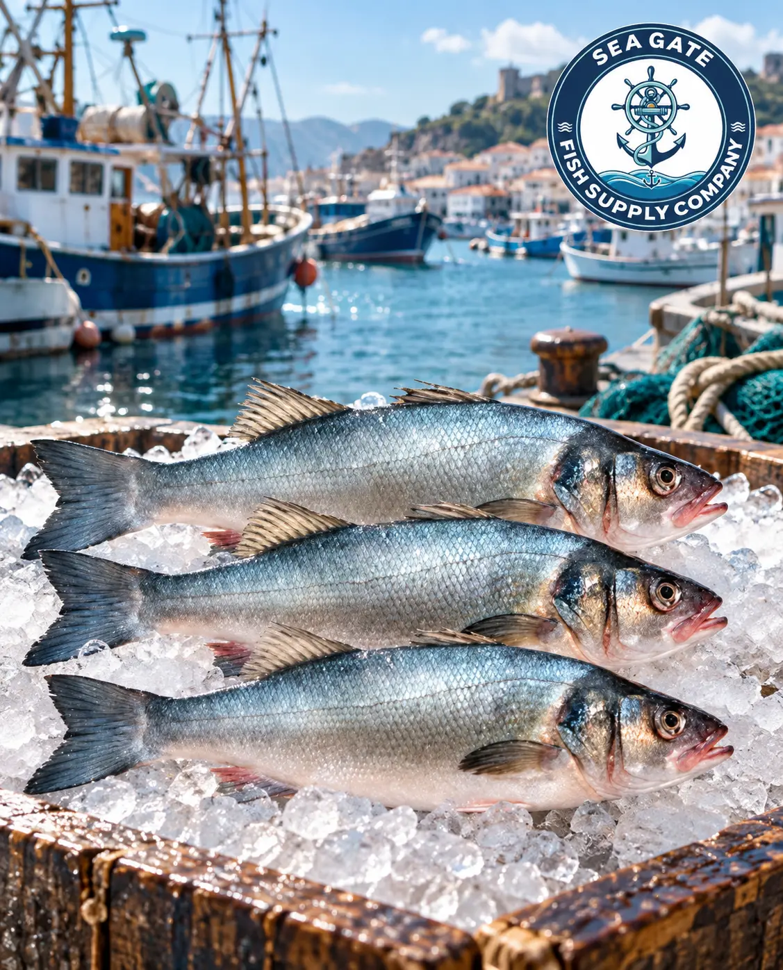 Silver fish selection with harbor vessels in the background