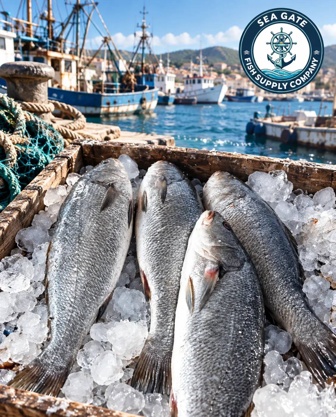Fresh whole fish with harbor vessels in the background