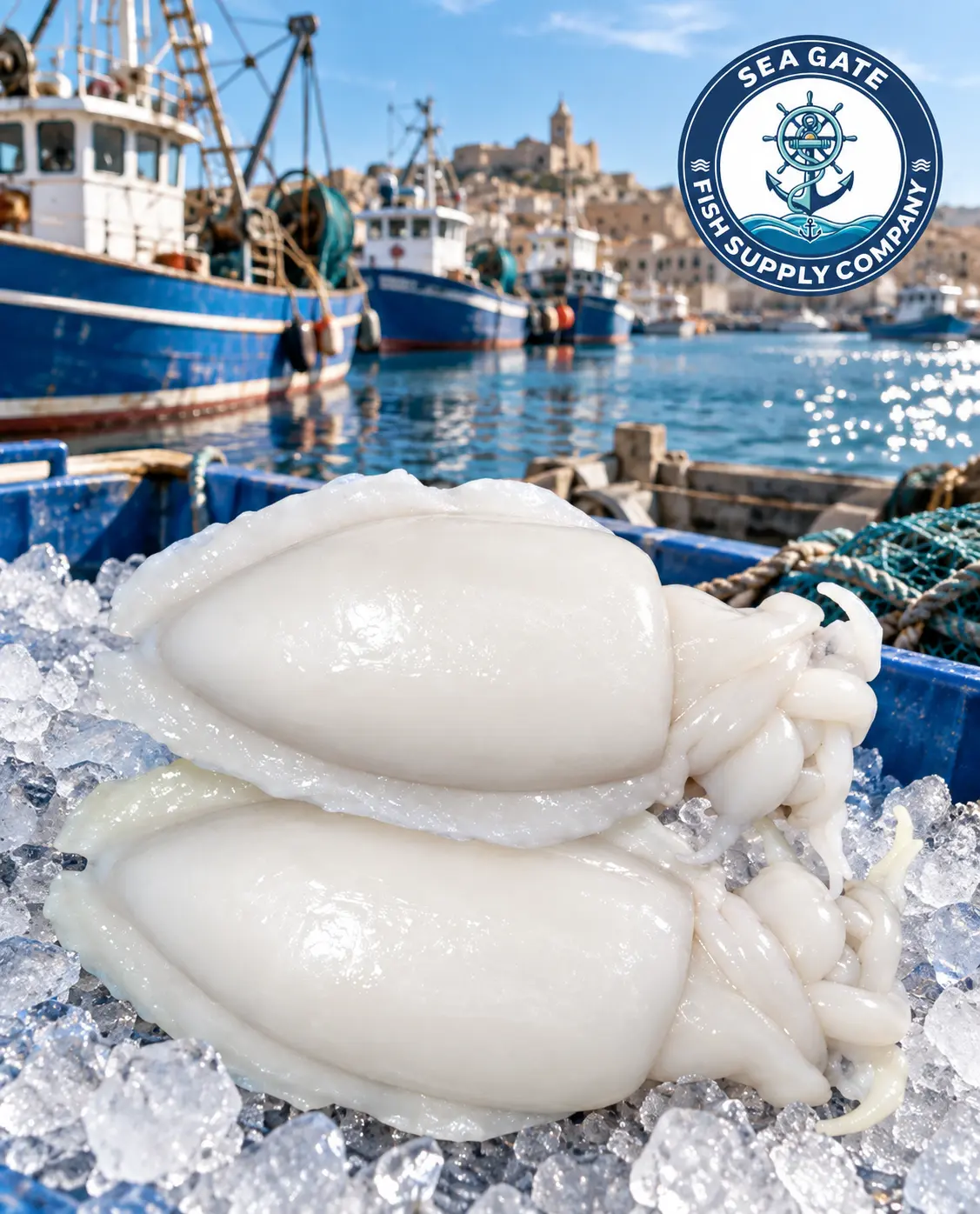 Cleaned squid with harbor vessels in the background