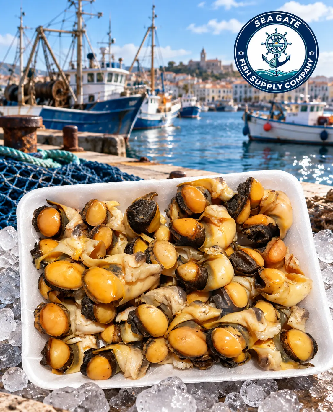 Shellfish selection with harbor vessels in the background