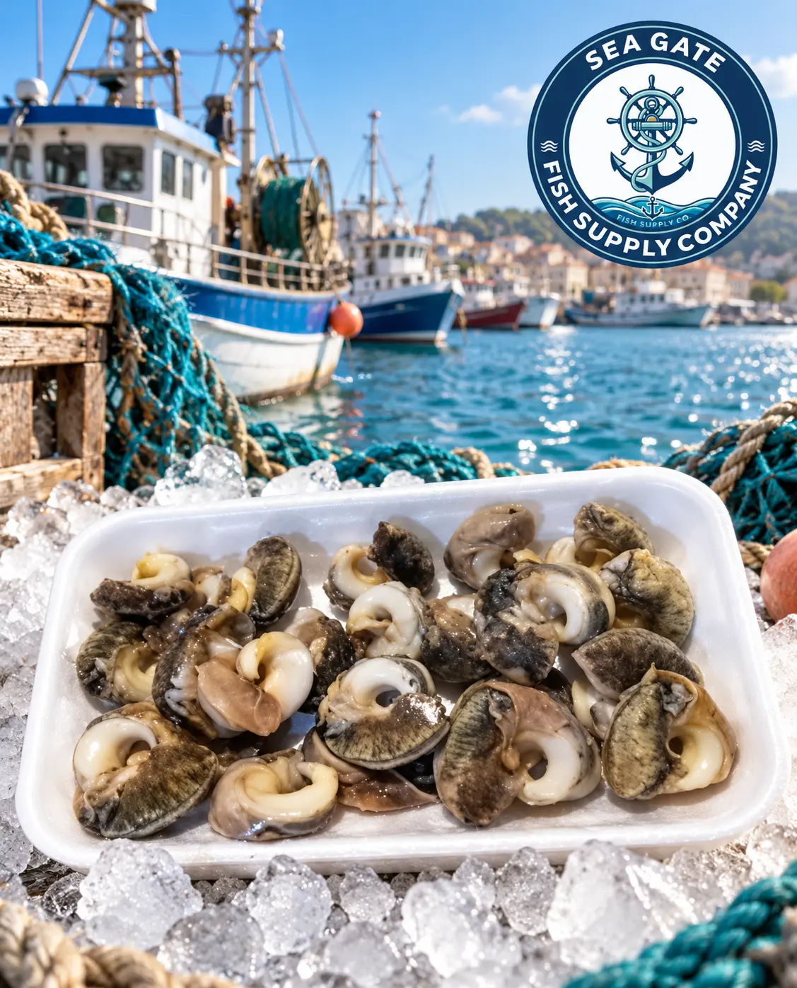 Mixed shellfish with harbor vessels in the background
