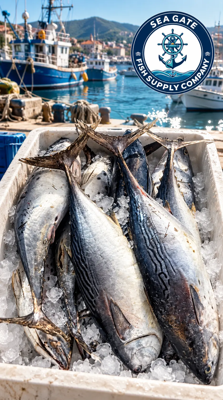 Whole pelagic fish with harbor vessels in the background
