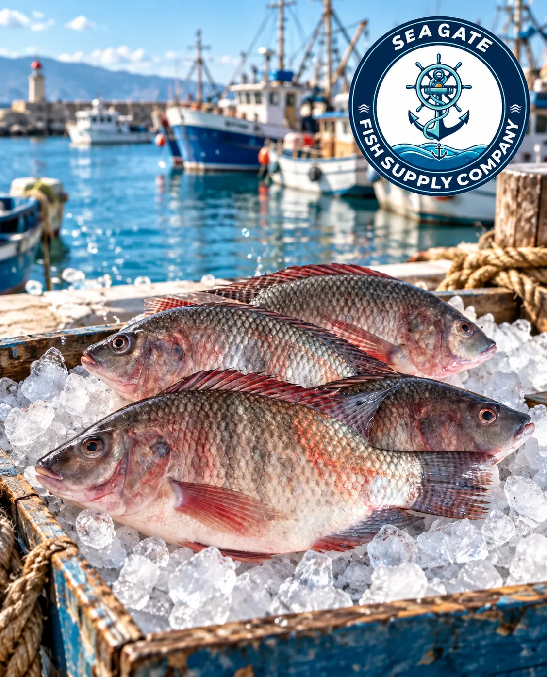 Tilapia selection with harbor vessels in the background