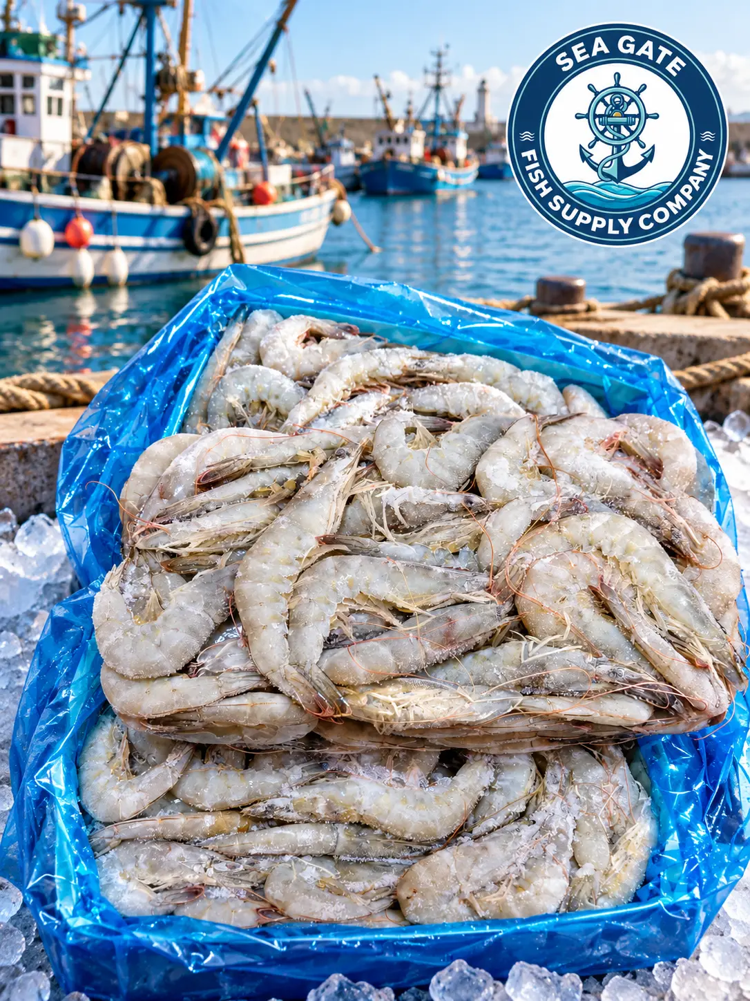 Packed prawns with harbor vessels in the background