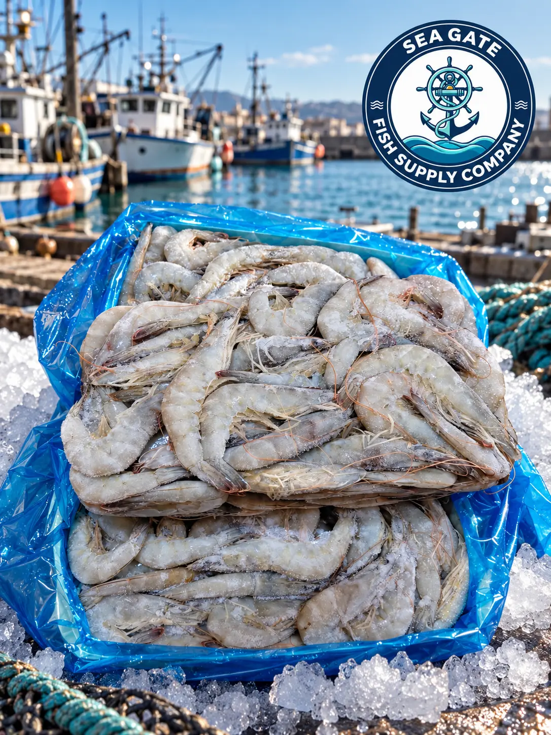 Prawn selection with harbor vessels in the background