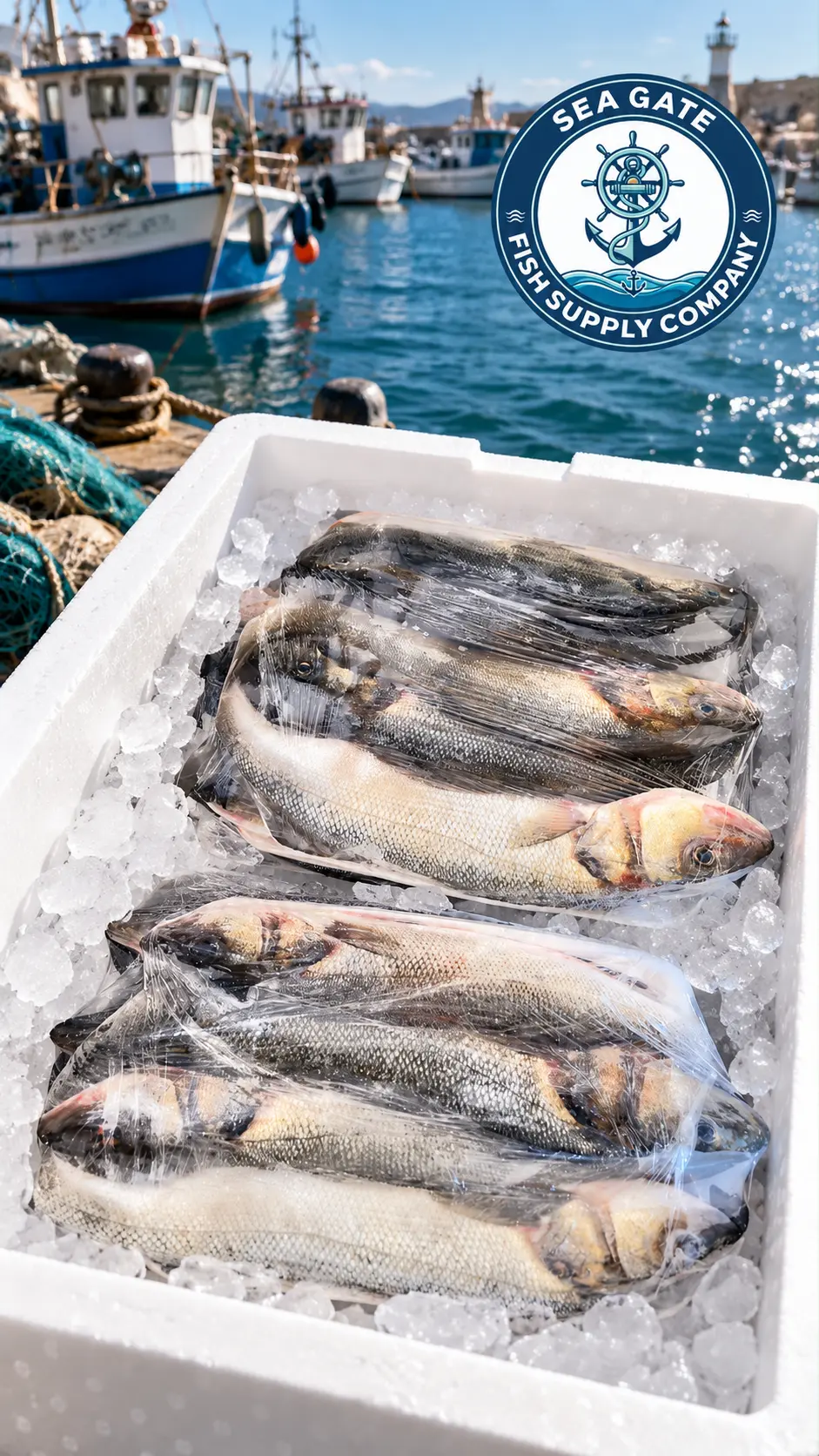 Wrapped fish packed with ice in an insulated box