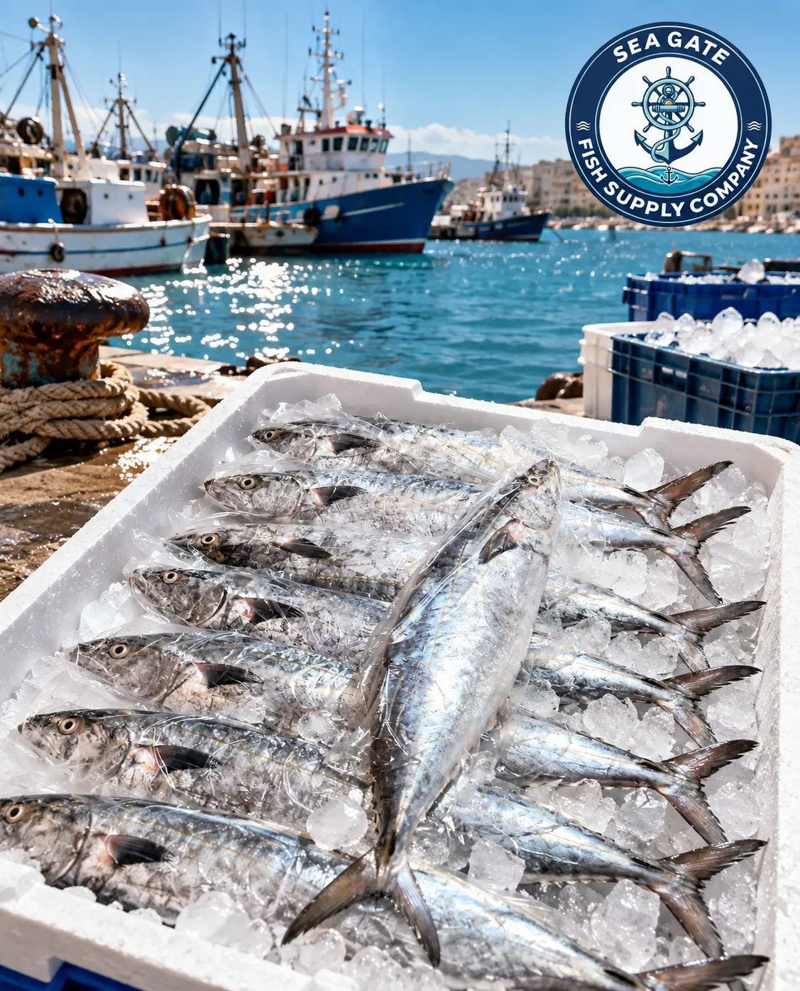Wrapped whole fish with harbor vessels in the background