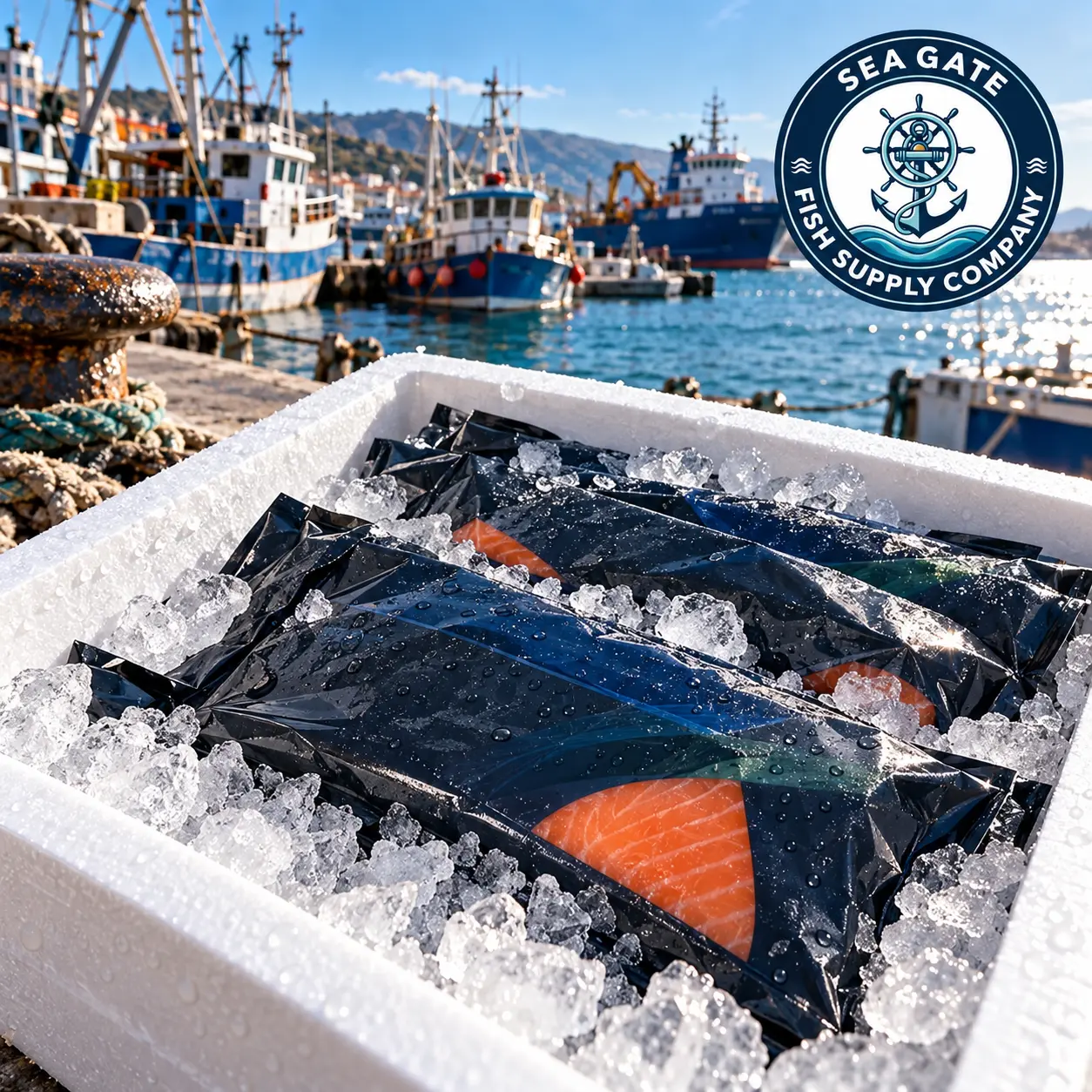 Packed salmon portions with harbor vessels in the background