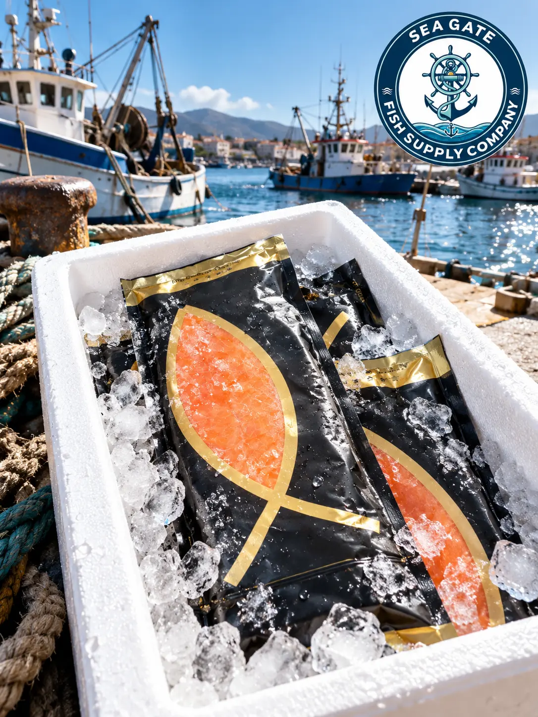 Smoked salmon packs with harbor vessels in the background