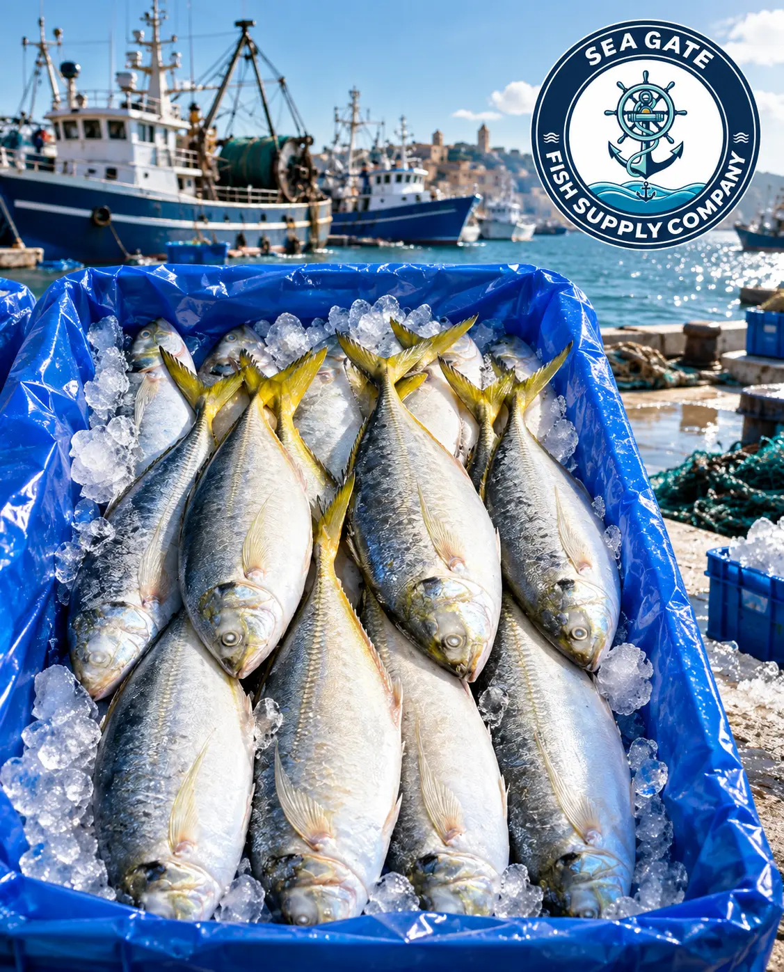 Yellowtail fish with harbor vessels in the background