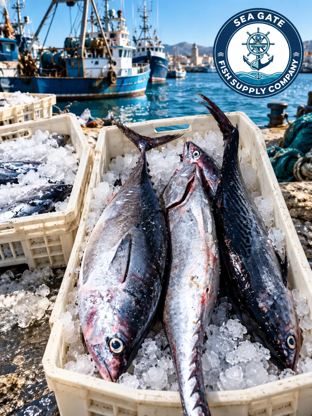 Large pelagic fish with harbor vessels in the background
