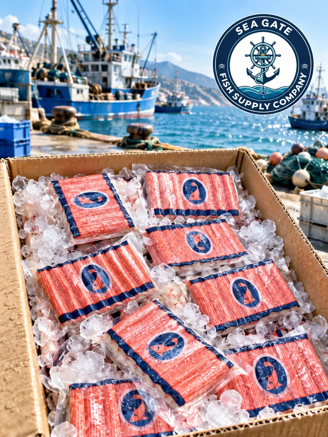 Seafood sticks with harbor vessels in the background