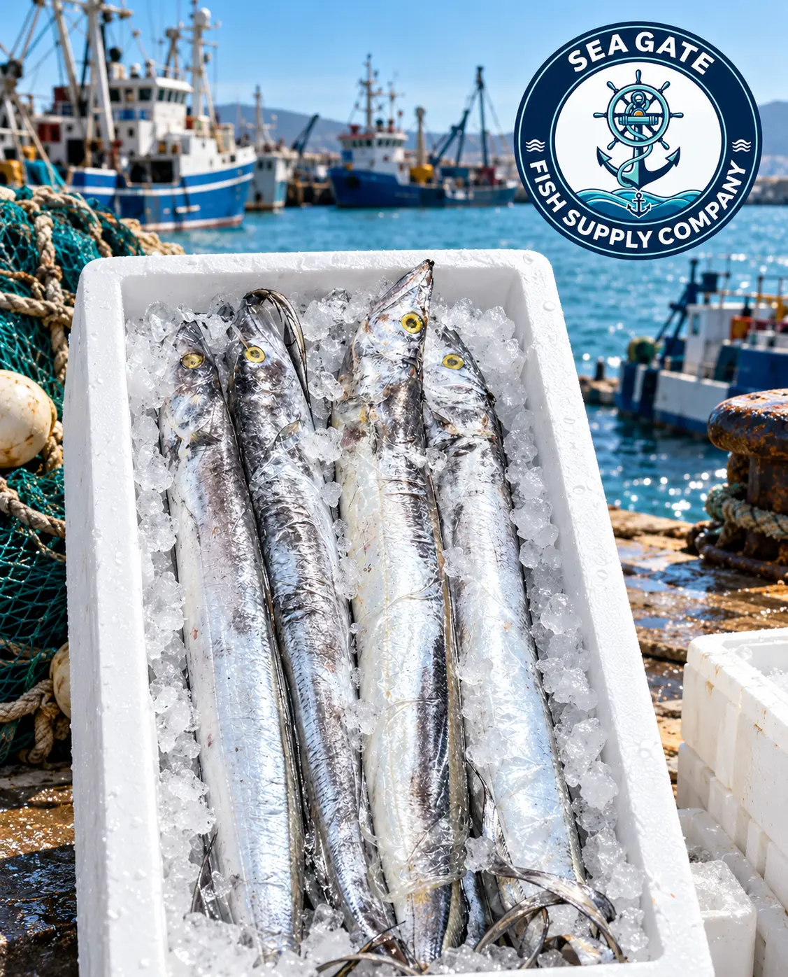 Ribbonfish with harbor vessels in the background