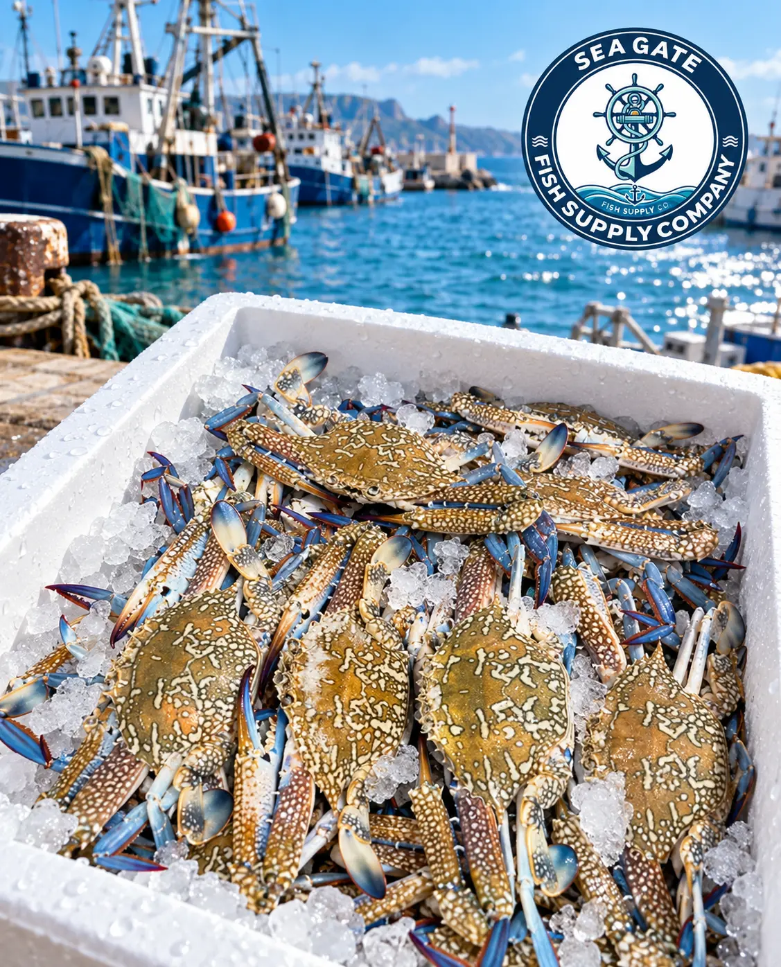 Blue swimming crab with harbor vessels in the background