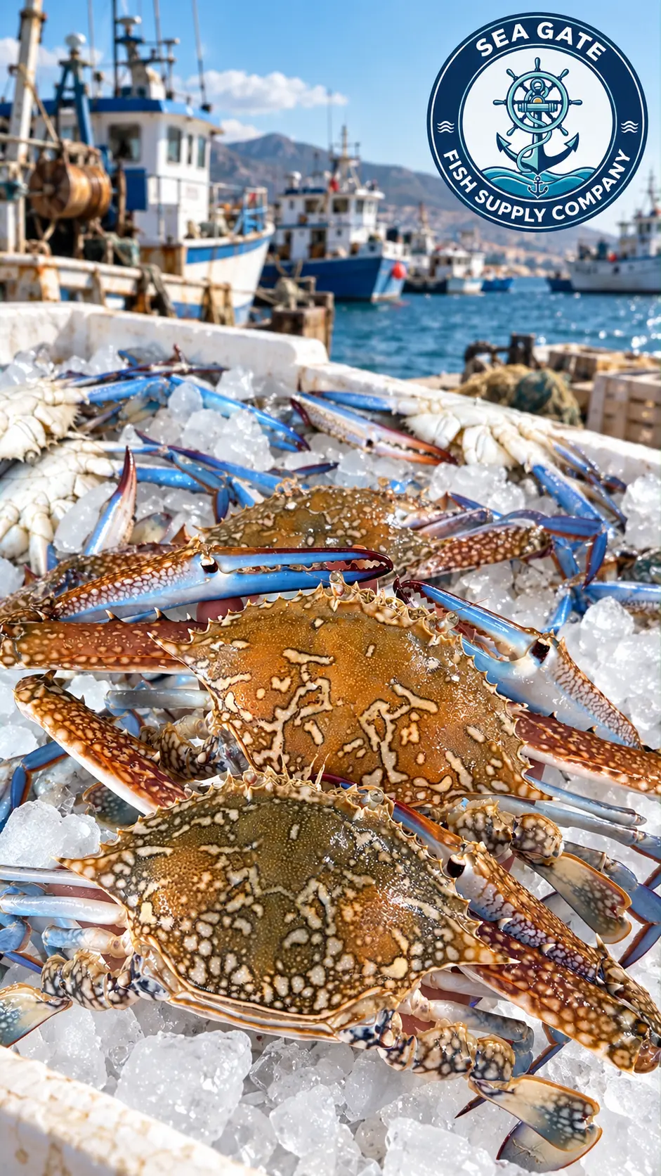 Fresh crab selection with harbor vessels in the background