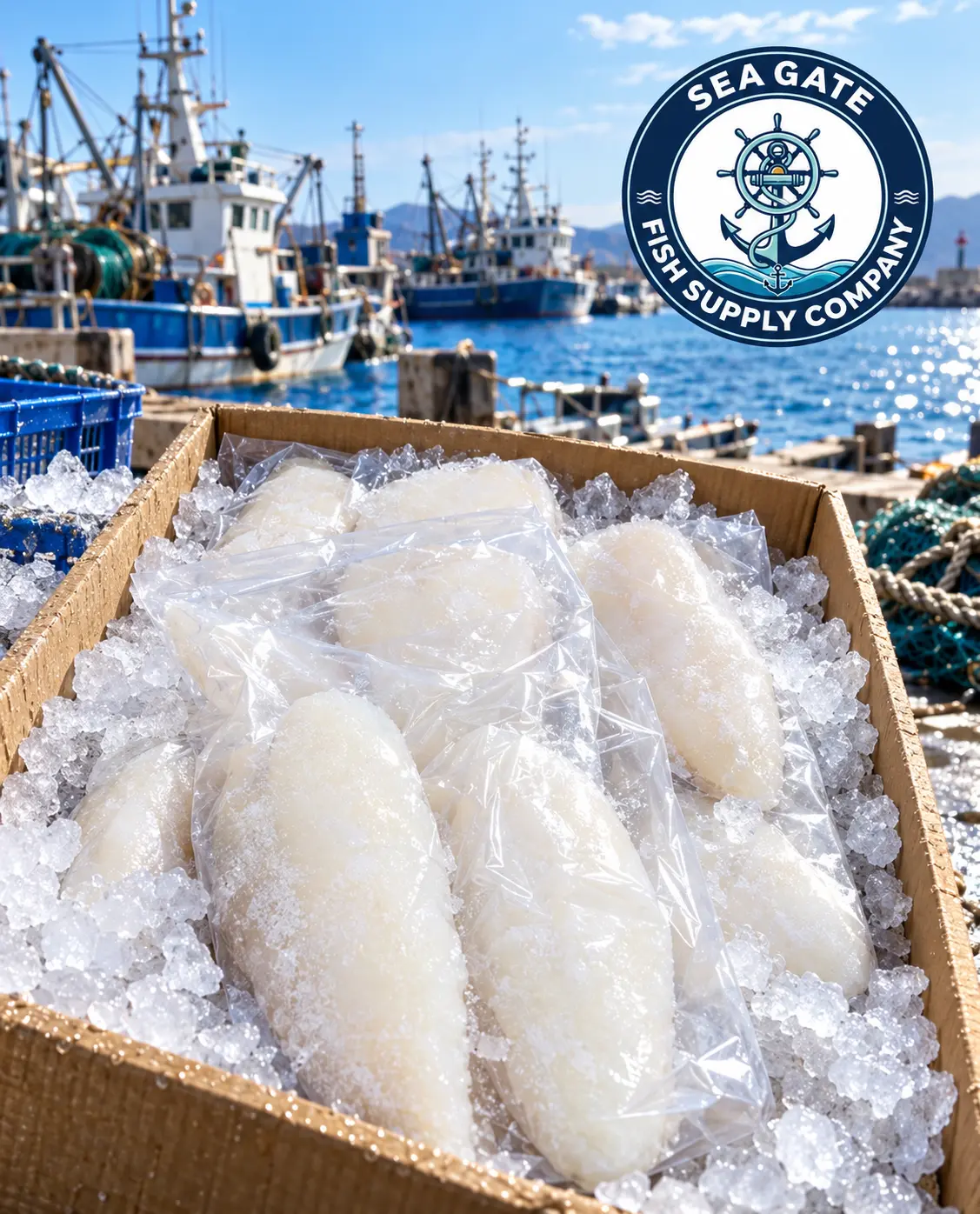 Basa fillets with harbor vessels in the background