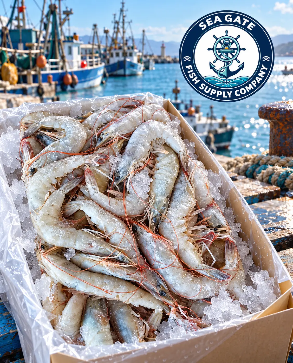 Whole prawns on ice with harbor vessels in the background