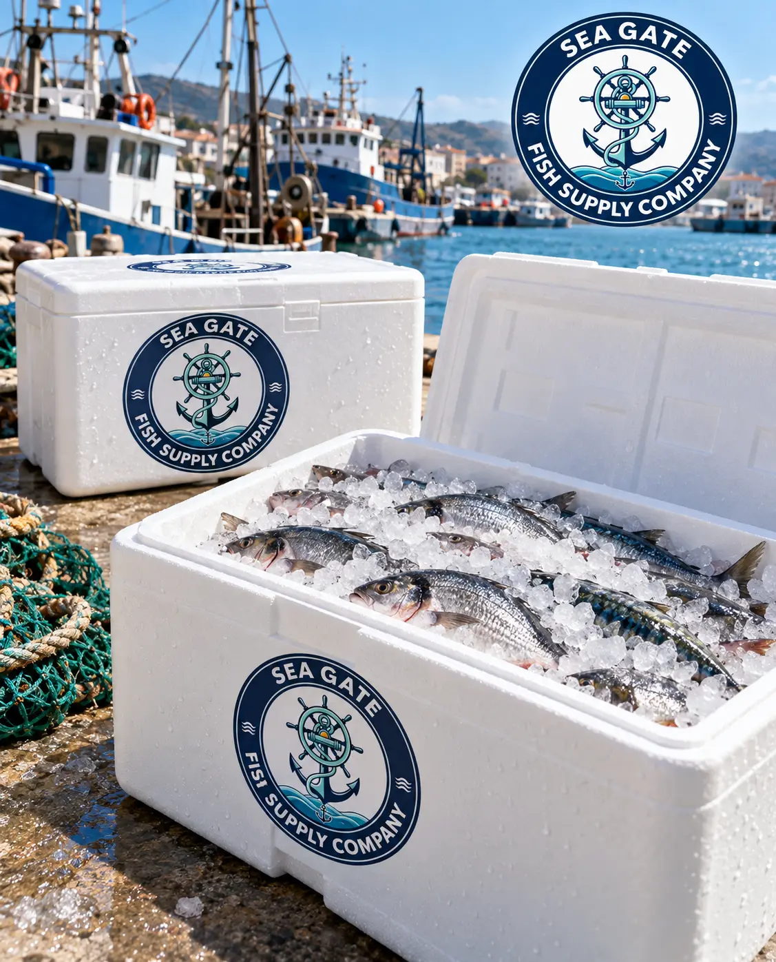 Sea Gate insulated ice boxes with fish covered in crushed ice at the harbor